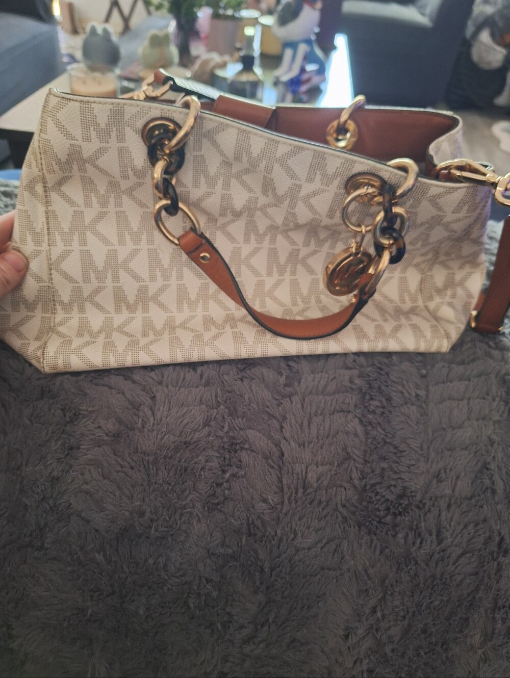 Michael Kors Beige/Acorn MK Logo Satchel with Gold Hardware
